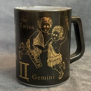Vintage Fire King Gemini Zodiac‎ Mug Black Gold Astrology The Twins 3.75" USA